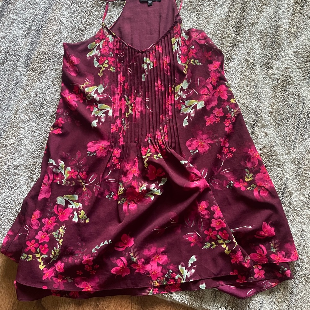 Burgundy red Floral Pleated Camisole slip Dress L